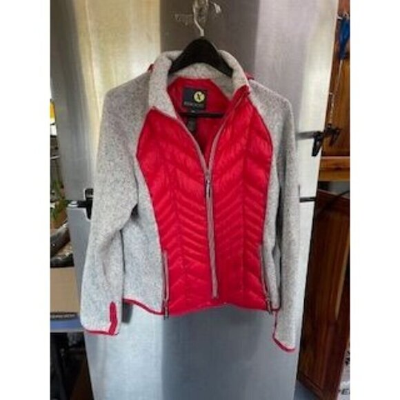 Xersion Women's Large Red & Gray Full-Zip HIDE AWAY HOOD Jacket With Thumbholes - Picture 1 of 16
